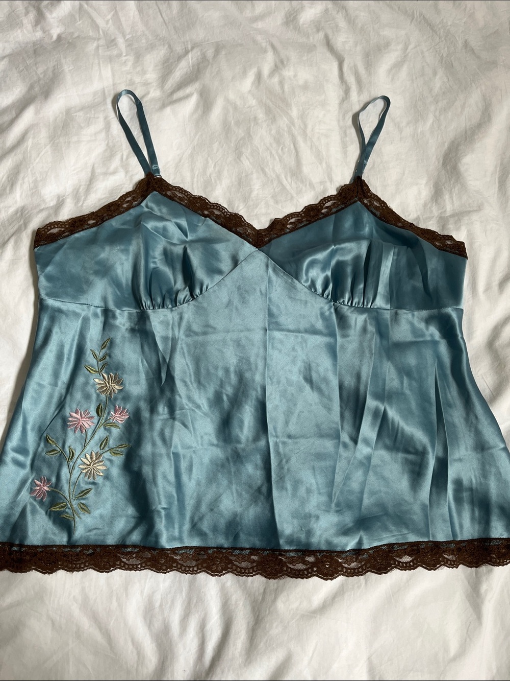 Daisy Fuentes Woman Silk babydoll camisole Shiny Blue Floral Embroidery Lace
